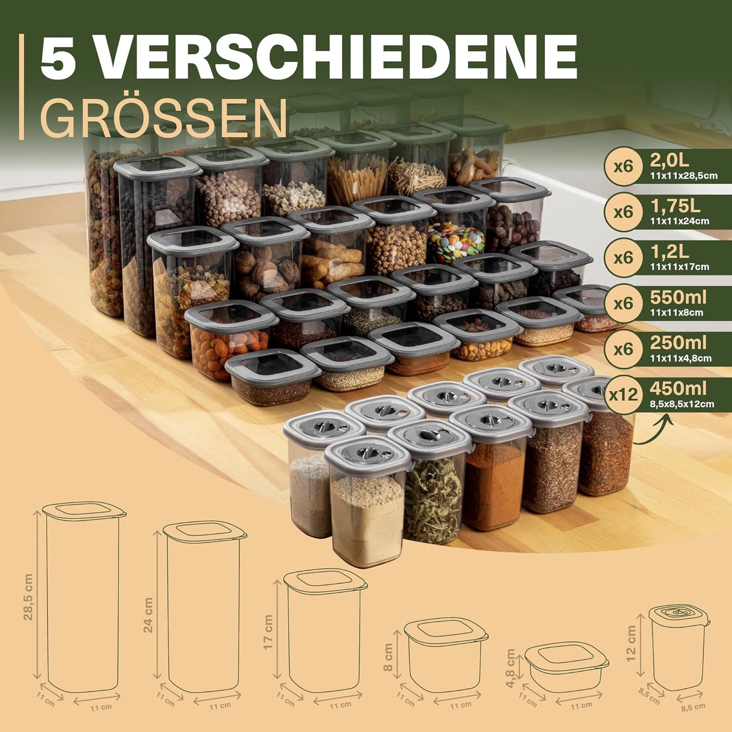 Leckora FOLY 42er Vorrats- & Gewürzdosen-Set – Anthrazit