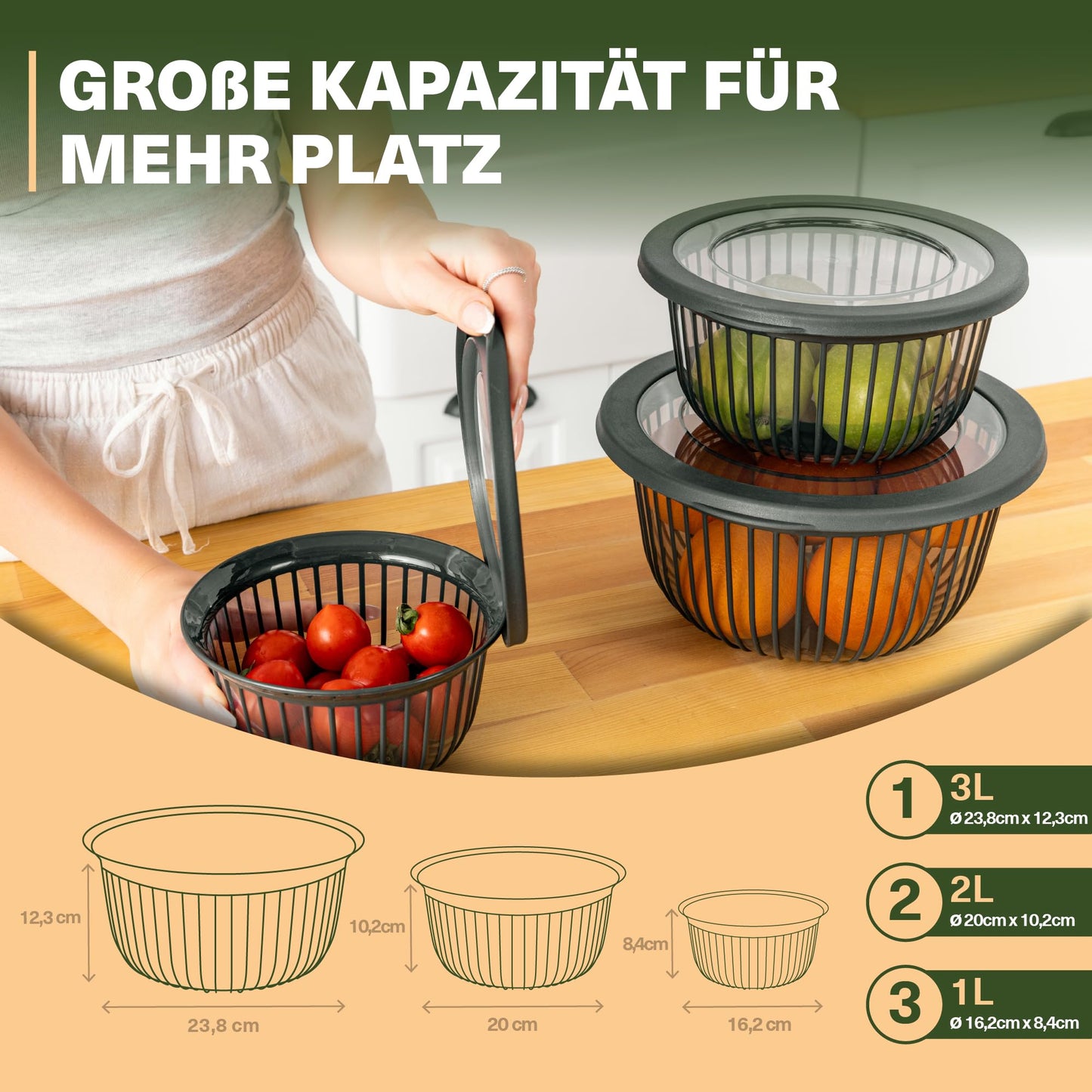 Leckora Schüssel-Set 3-teilig – 1/2/3 L mit Silikondeckel